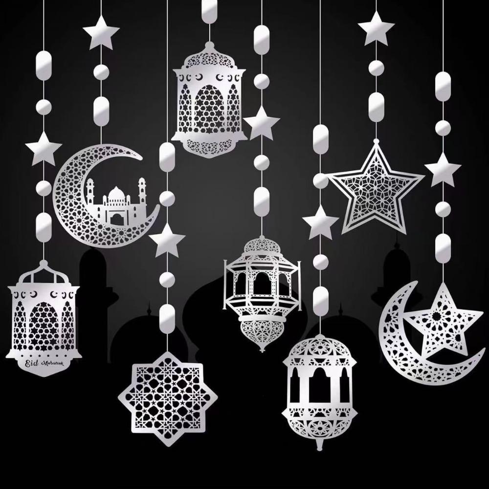 8Pcs Paper Garland Hanging Banner Pendant Star Moon Design Eid Mubarak Banner  Home Decor
