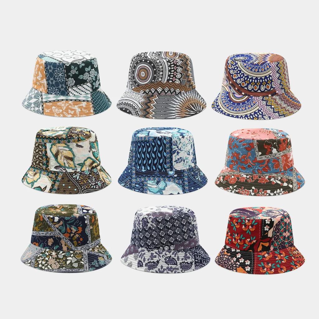 Boho style flower print double side sunscreen fisherman hat women fashionable outdoor sunshade retro sun beach bucket hat