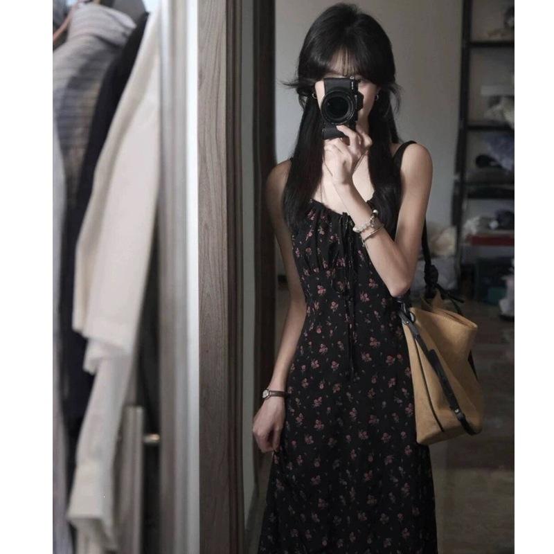 French Black Floral Neck Suspender Dress Women's Summer New Waist French Long Skirt