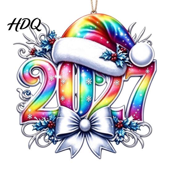 Новогодние принадлежности для вечеринки 2027 Украшение-шапка 2D Плоская акриловая подвесная декорация для праздничных украшений Новогоднее дерево Номер Санта Подвеска Легкая