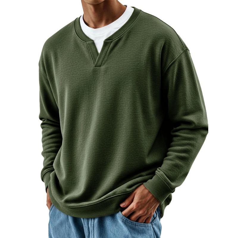 Mens Casual Henley Sweatshirt Light Green Solid Color Loose Fit Long Sleeve Crew Neck Pullover