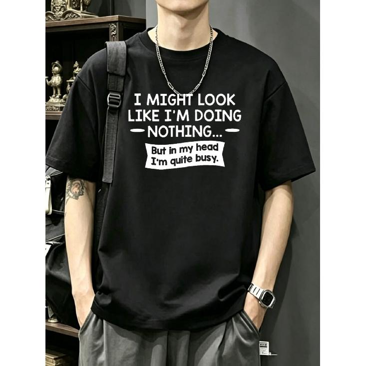 Black T Shirt with I Might Look Like I M Doing Nothing But in My Head I M Quite Busy Print for Casual Wear S чёрный