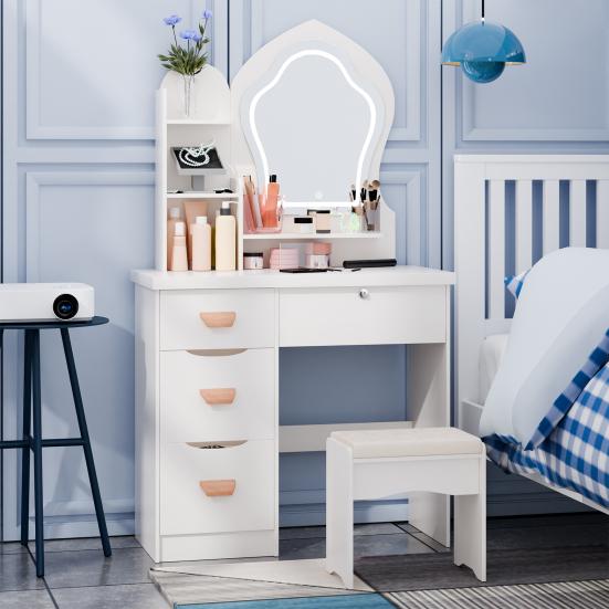 Makeup Vanity Desk with LED Lighted Crown-shaped Mirror, Vanity Table with 4 Drawers and Opening Shelves, Bedroom Dressing Table with