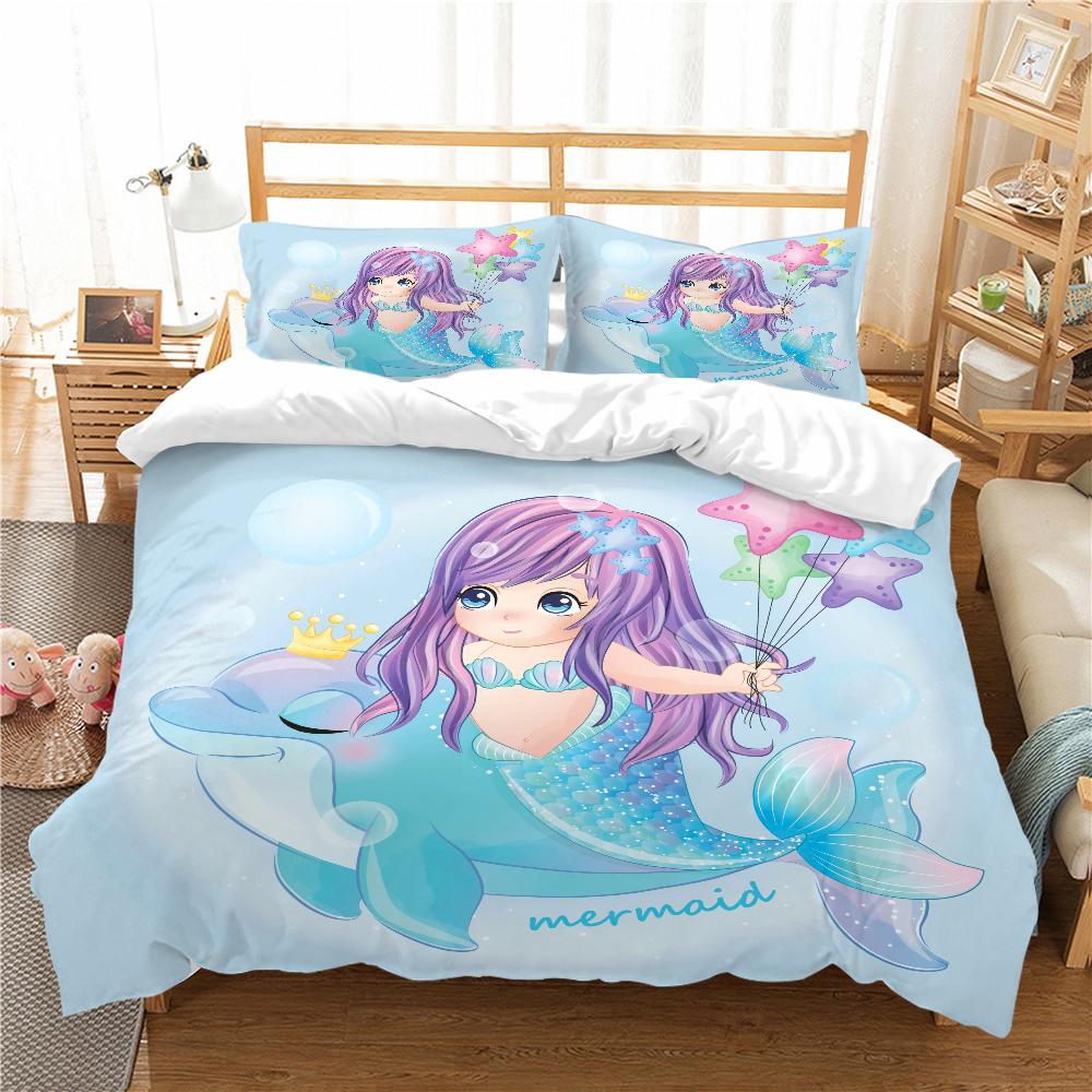 Mermaid Bedding 3D Girl Princess Room Duvet Cover Pillowcase 2/3pcs Single/double Bed Full-size Home Textile Girl Woman Gift