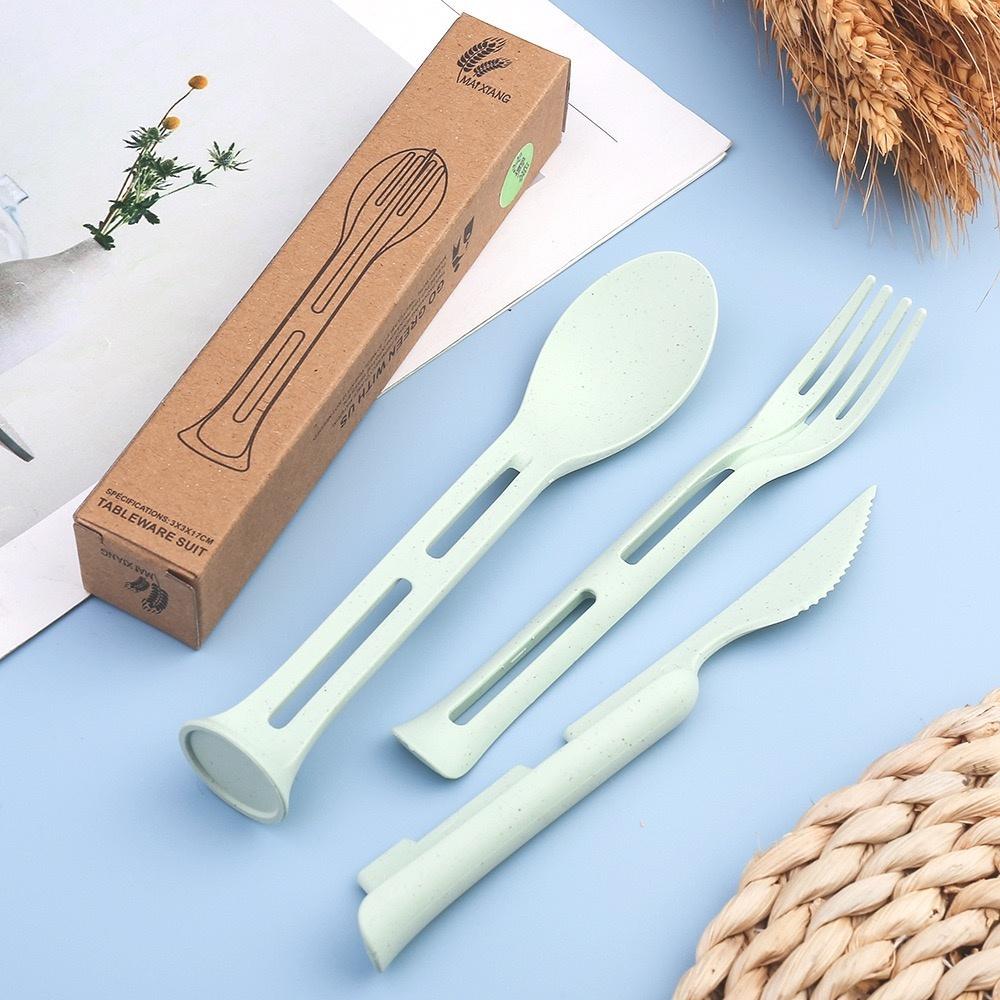 3-piece portable tableware set, made of wheat straw, detachable knives and forks, travel tableware, picnic tableware set, campin
