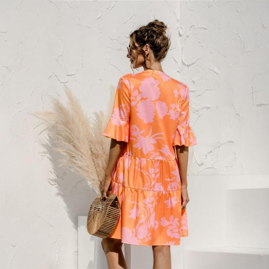 Women's Summer Mini Dress Puff Short Sleeve V Neck Pleated Dress Boho