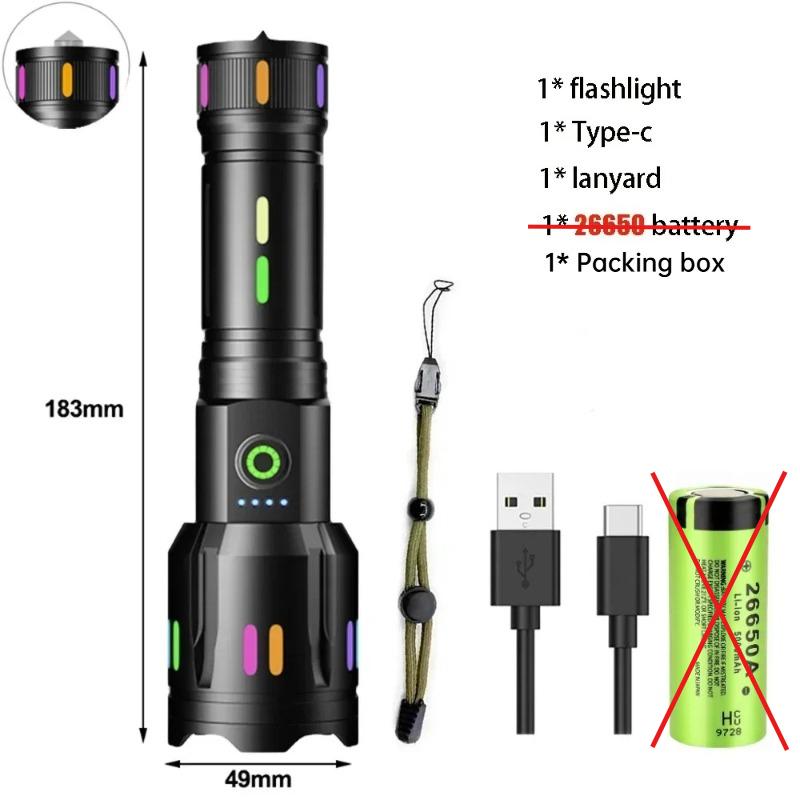High Power Spotlight Long Range LED Flashlight  Aluminum Alloy Fluorescent Absorbing Film Luminous Colorful Zoom Flashlight Camping Emergency
