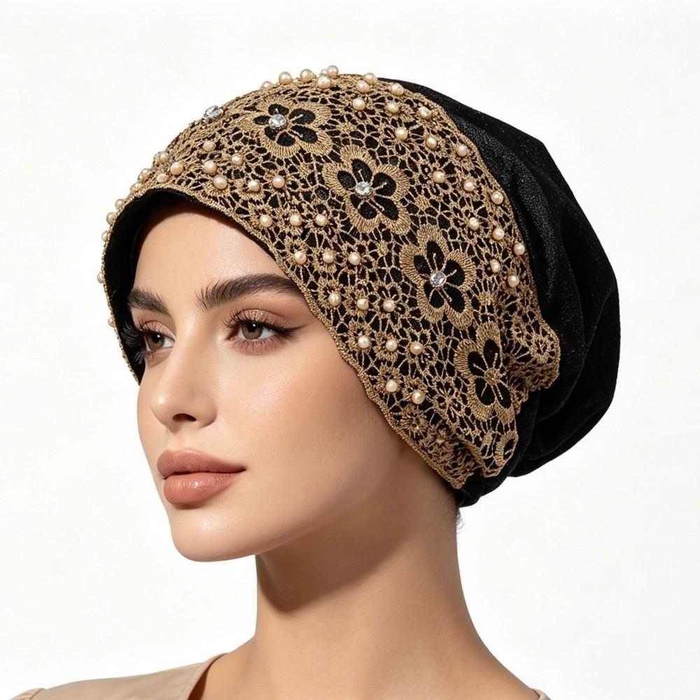 Lace Trim Women's Lace Turban Cap Embroidery Bonnet Head Wraps Islamic Turban Hat Women