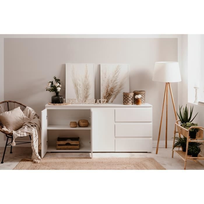 Buffet Capetown - Décor blanc brillant - Panneaux de particules - 3 portes - 3 étagères - 3 tiroirs - 179 x 80,5 x 40 cm