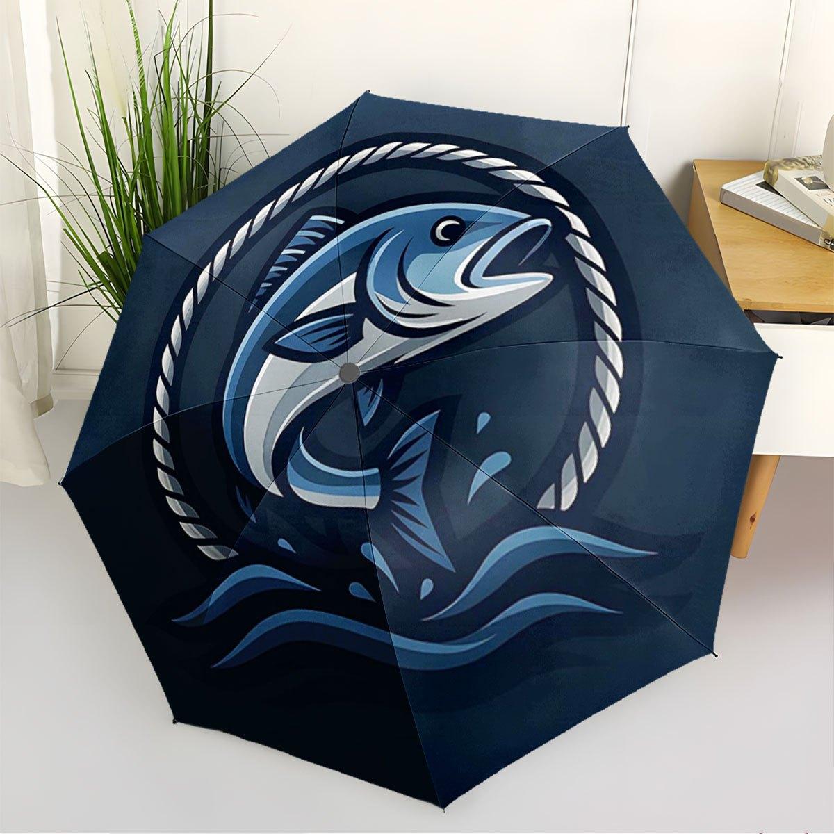 Fishing-Themed Automatic Open/Close Umbrella with Leaping Fish Design - Compact Folding Umbrella, Portable Travel Umbrella for