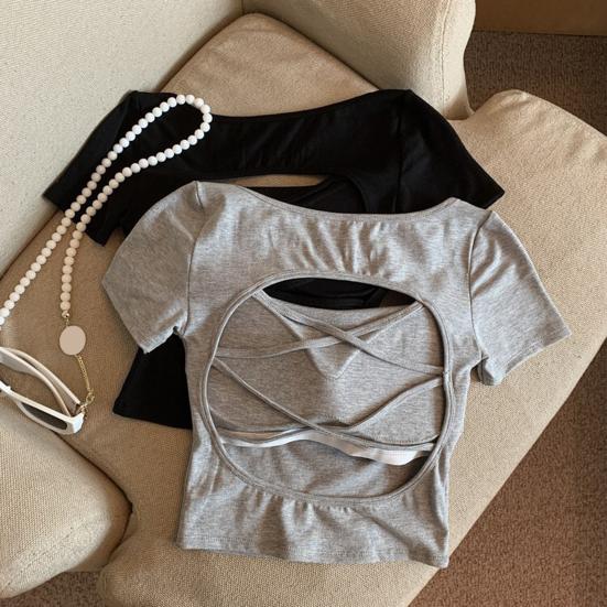 Camiseta de Mujer Cuello Cuadrado Manga Corta Espalda Hueca Camiseta Color Sólido Ajuste Slim Tops Cortos Uso Diario