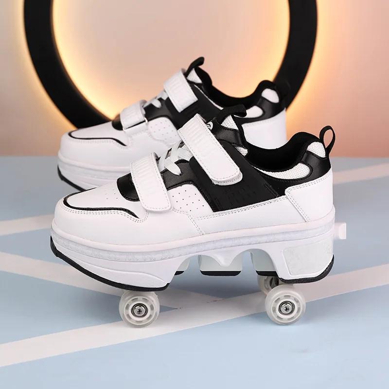 2 In 1 Removable Pulley Skate Skating Parkour 2025 New Pulley Shoes with 4 Wheels Racing Roller Skate Shoes for Kids Sneaker