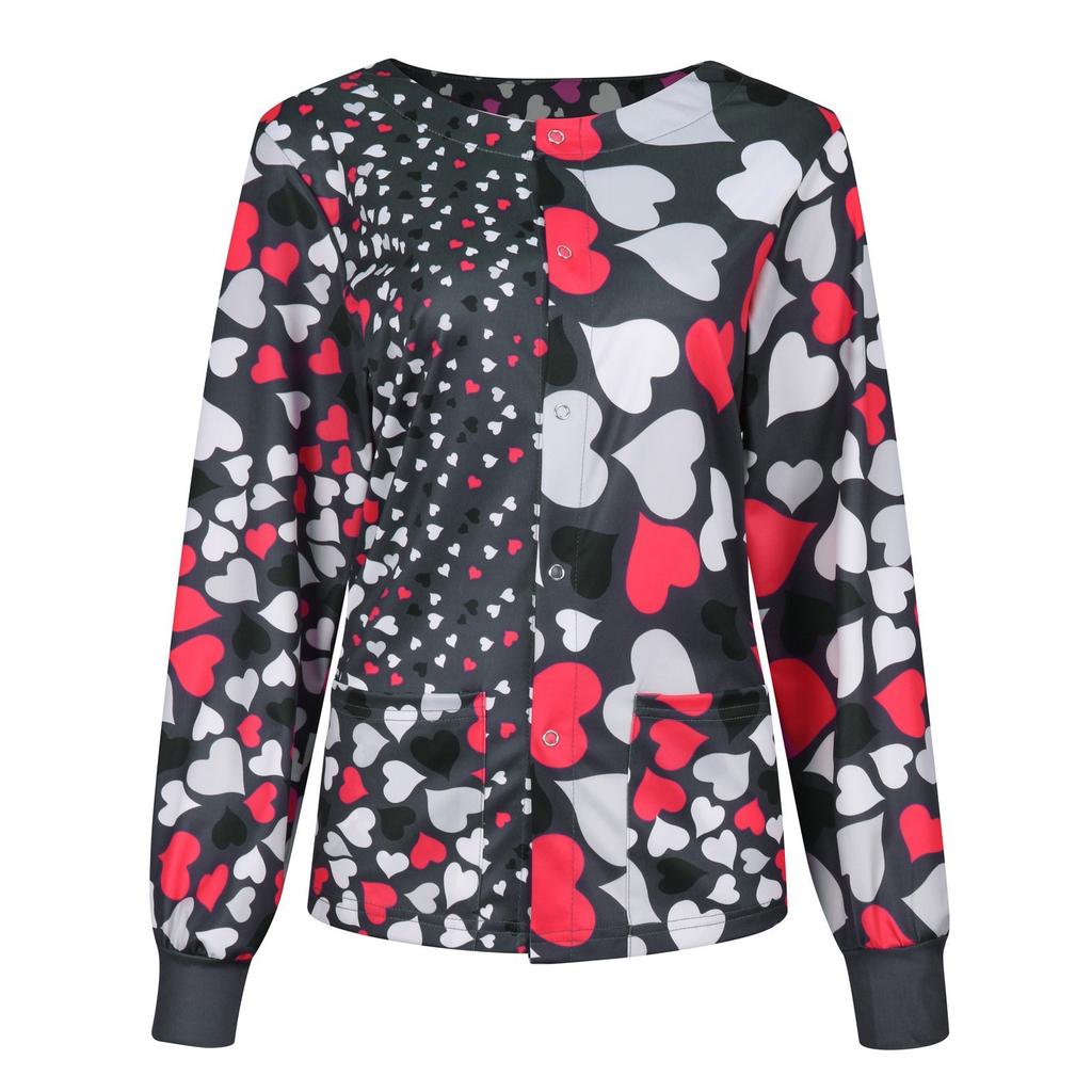 Women Casual Fashion Long-sleeved Stand-up Collar Single-breasted Printed Women's Protective Overalls Jacket Top