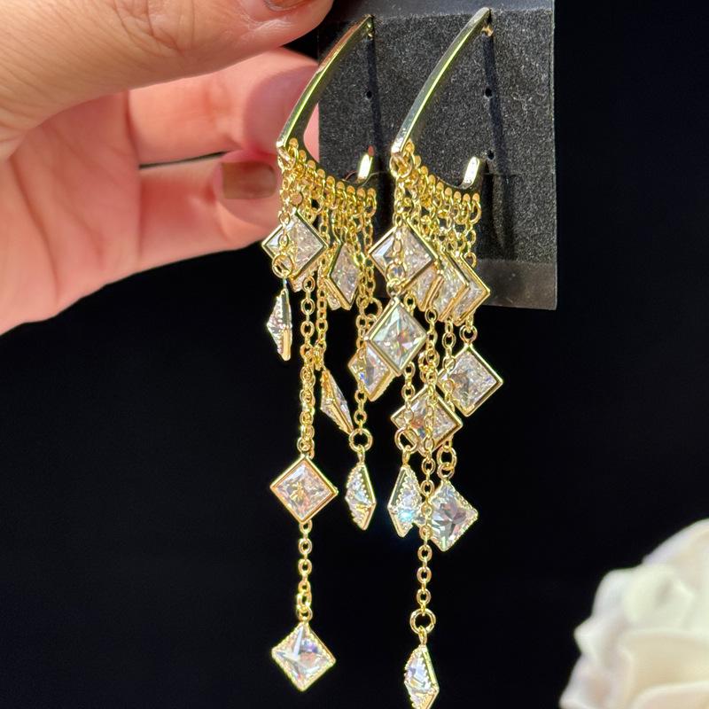 Used Silver Zircon Tassel Rhombus Earrings - Fashionable, Retro, Versatile, High-End Luxury for Women