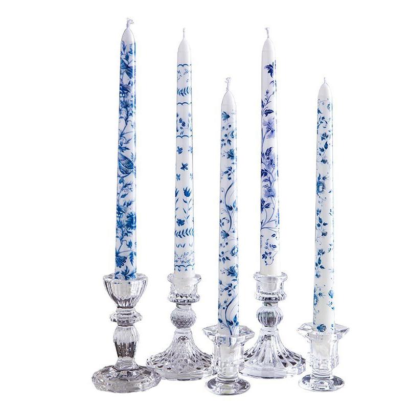 2 ks/sada Tištěné dlouhé tyčové svíčky Večeře Jednovětvová čínská modrobílá porcelánová dlouhá svíčka Párty Světlo svíček Domov 25 cm