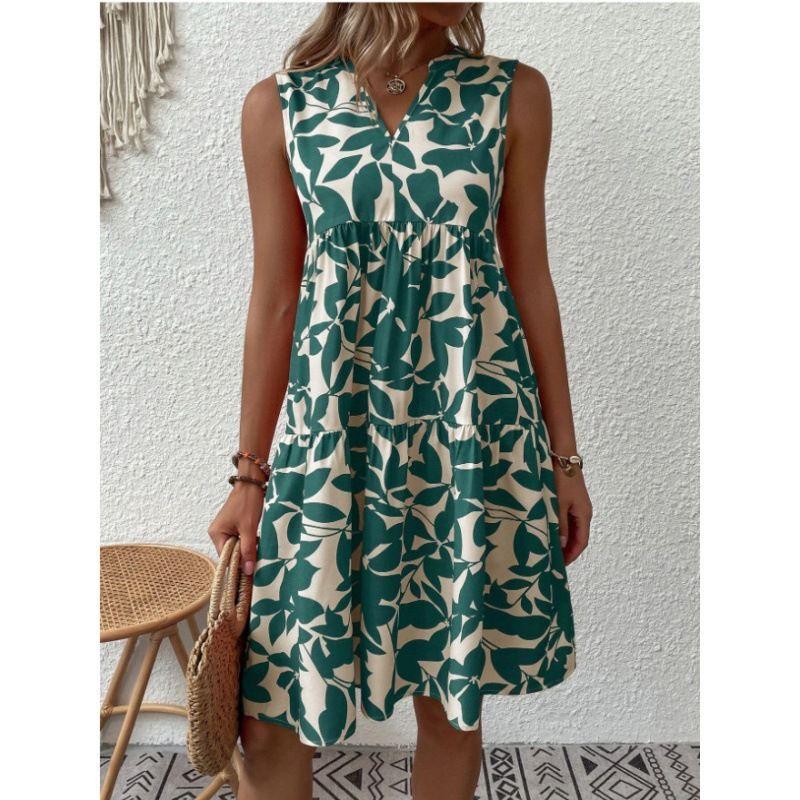 

Loose V-neck Pleated Printed Dress Loose V-neck Pleat Floral Print Dress Green S