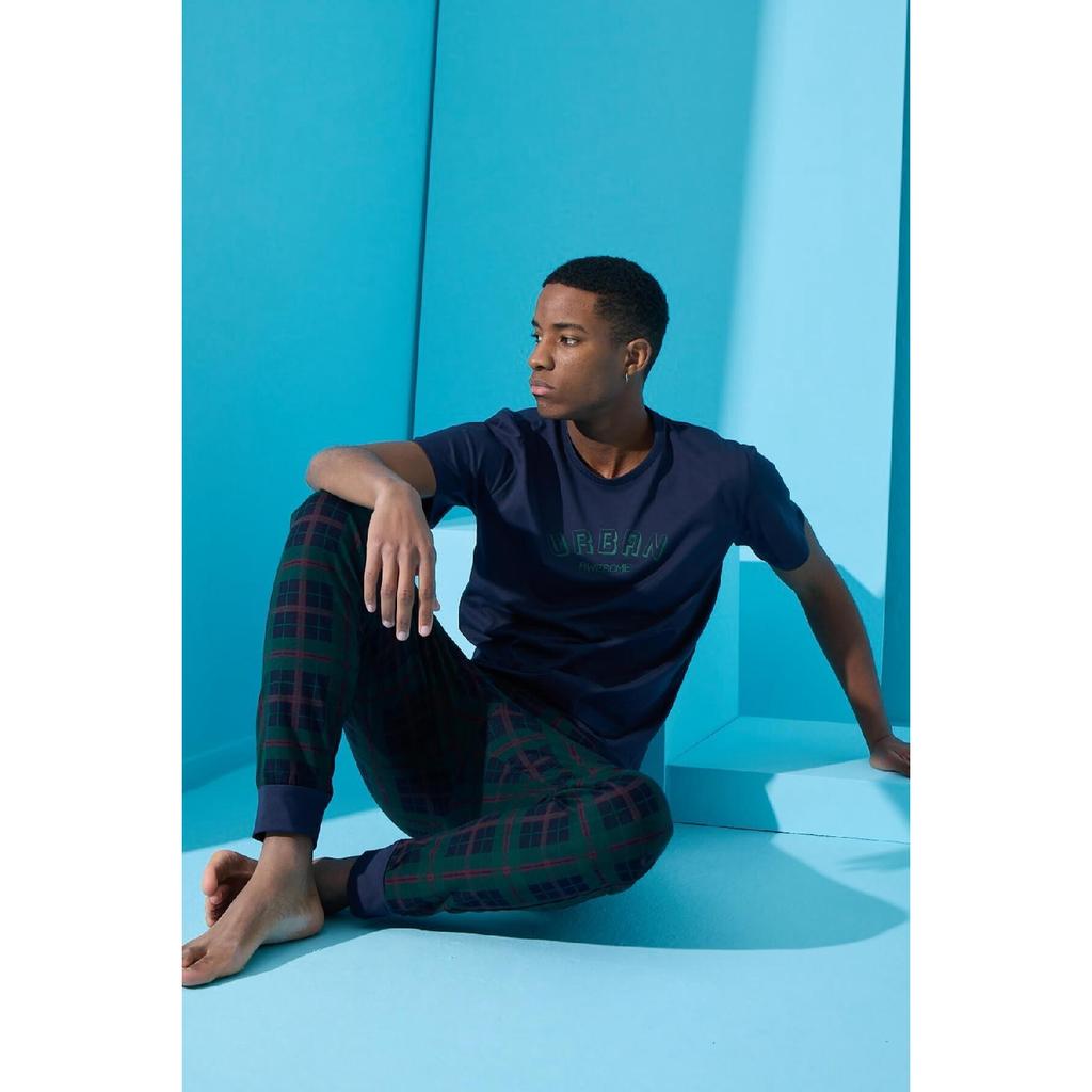 Marineblaues, kurzärmliges Herren-Pyjama-Set mit Urban-Print