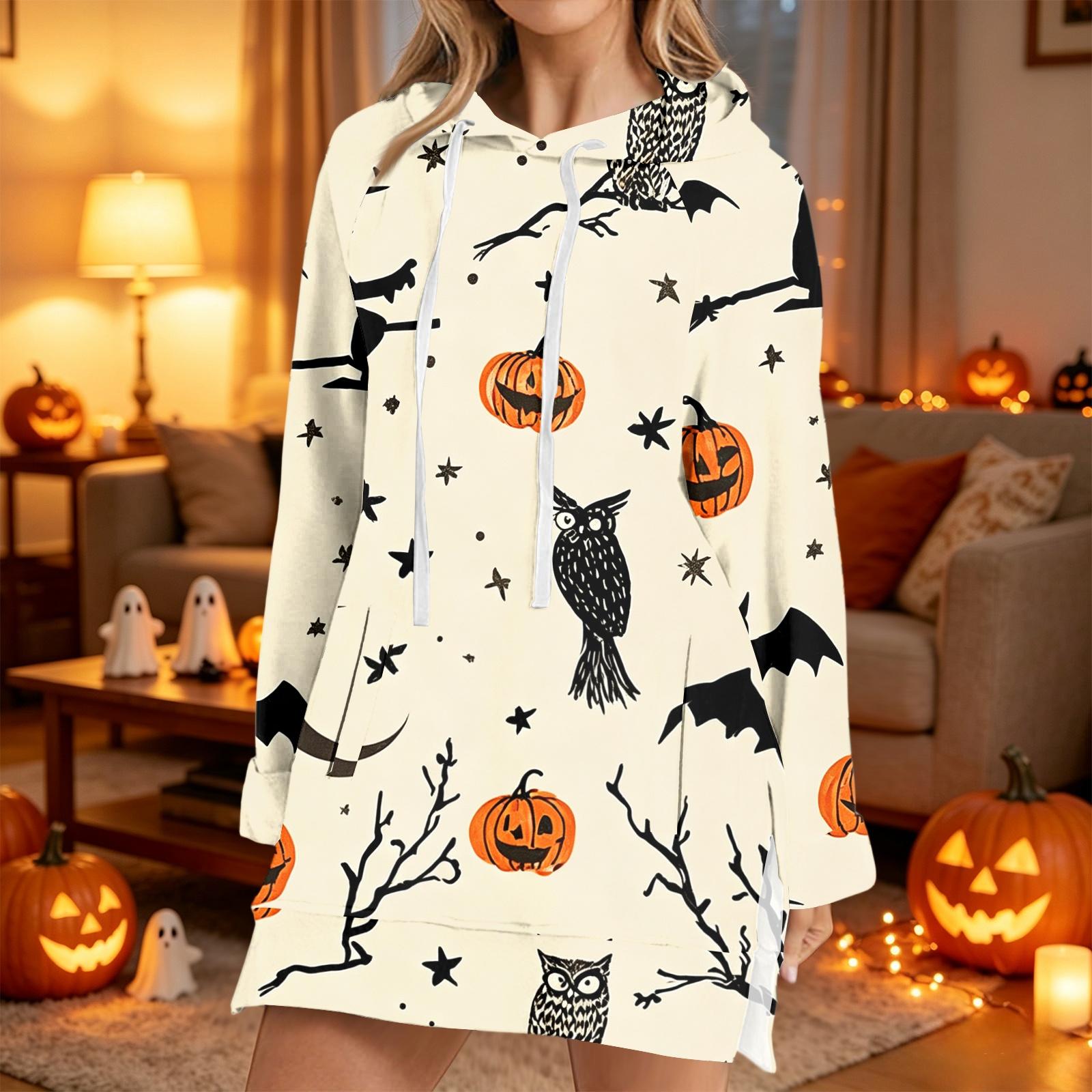 Women s Fashion Casual Long Sleeve Hoodie with Halloween Print for Fall L
