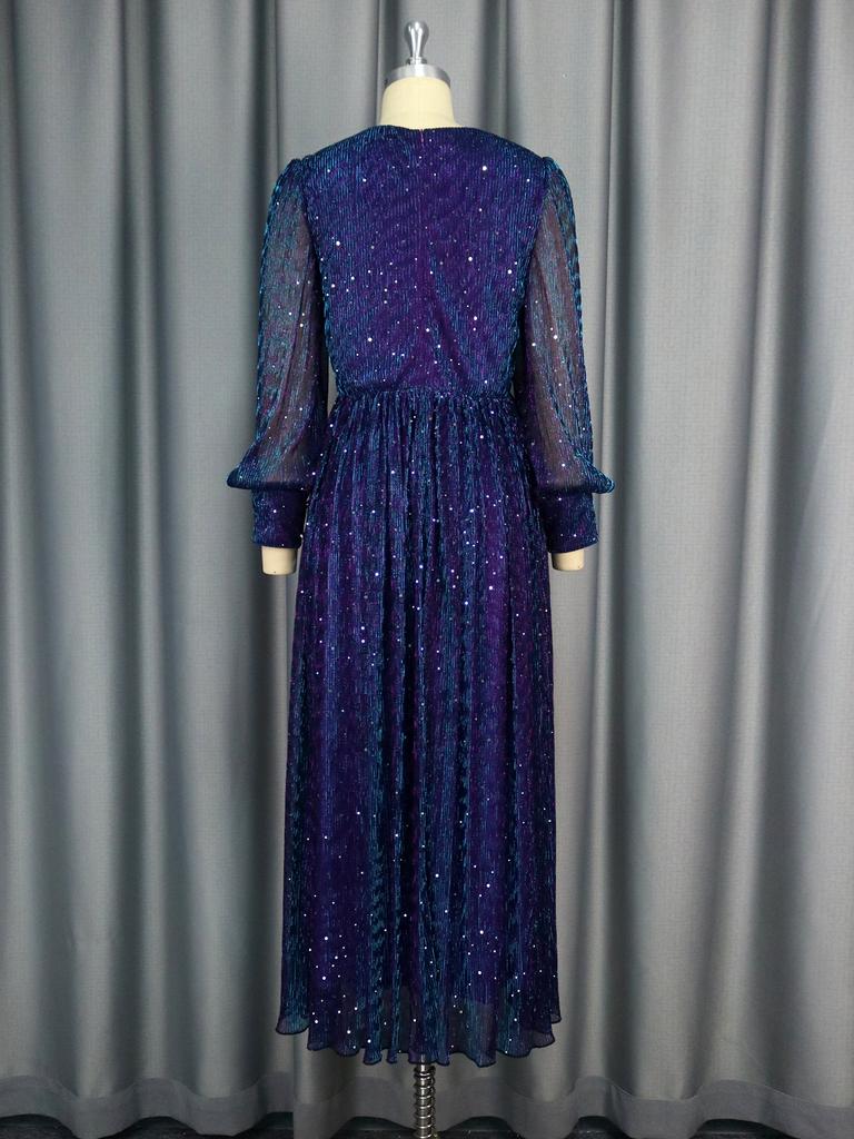 Precioso Vestido Maxi Morado con Lentejuelas, Cuello en V, Mangas Largas, Línea A, Largo hasta el Tobillo, Brillante Vestido de Fiesta de Noche para Mujer