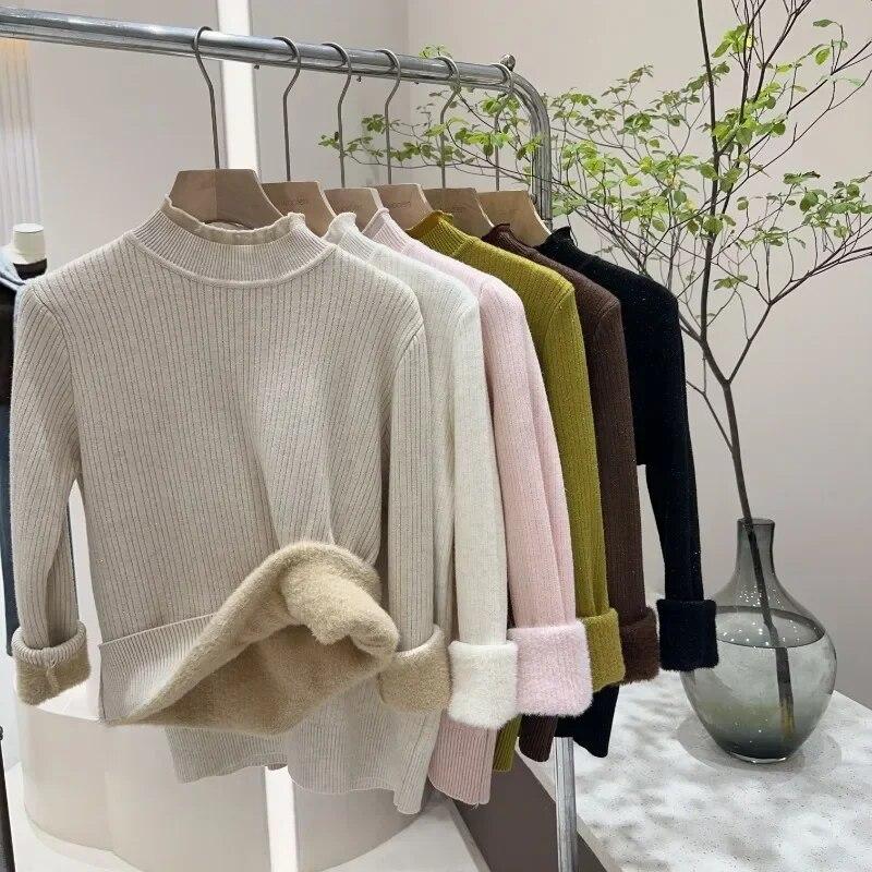 Autumn And Winter Thick Plush Velvet Sweaters Women Half High Collar Lace Knit Jumper Sweater Casual Solid Warm Pullovers 29787