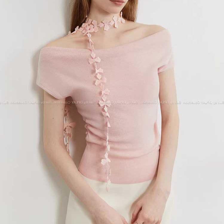 Broken dreams are easy to break! Elegant and temperamental gentle swinging neck solid color sleeveless knitted sweater flower streamer vest t-shirt S розовый
