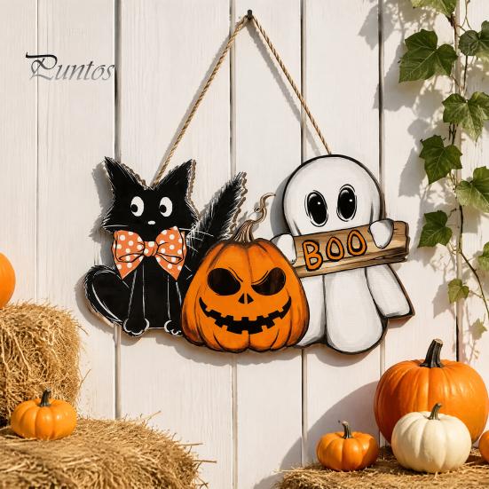 Halloween Window Display Wooden Door Sign, Pumpkin Ghost Boo Black Cat Welcome Hanging Wood Decor Sign for Trick or Treat Party Indoor Outdoor