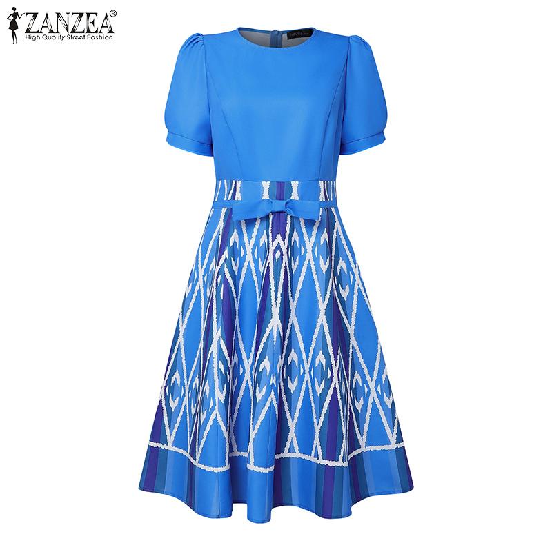 ZANZEA Rochie de vară cu mâneci scurte, lejer, cu gât rotund, imprimeu