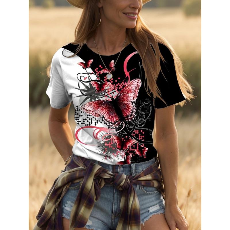 Ladies Print 3D T-shirt Round Neck Short Sleeved Soft Daily Top Comfortable Casual Shirt Fashiona Printed Design