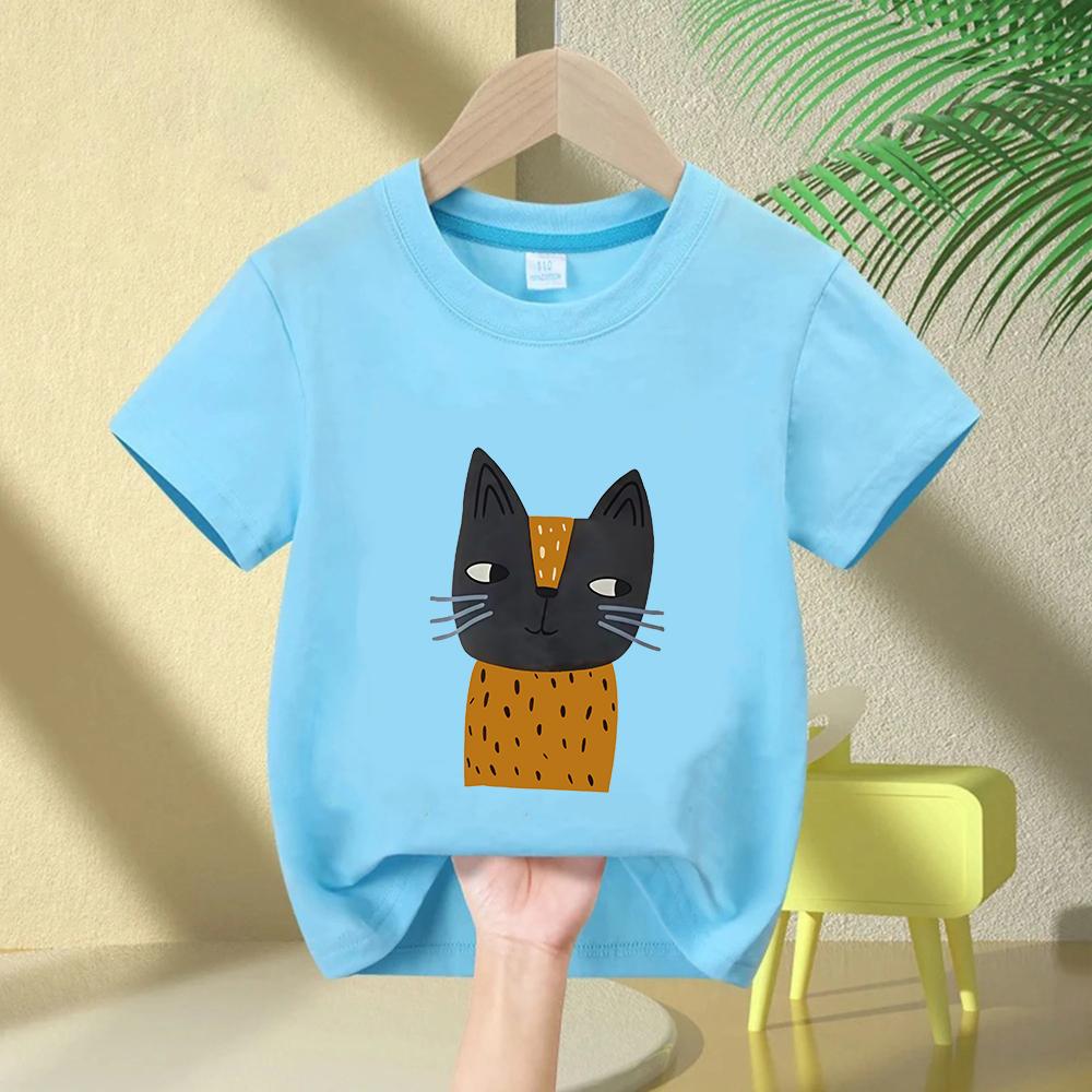 Summer New Chic HandPainted Cat Printing Tshirt Kids Fashion Pure 100Cotton Short Sleeve Basic Tees Casual BoysGirls Tops