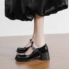 French retro round head bright patent leather single shoes women's versatile black light mouth temperament thick heel with Mary Jane shoes