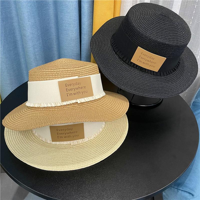 

New papyrus woven flat top hat, letter webbing straw hat, spring and summer travel sun protection visor top hat Adult (56-58cm) хакі
