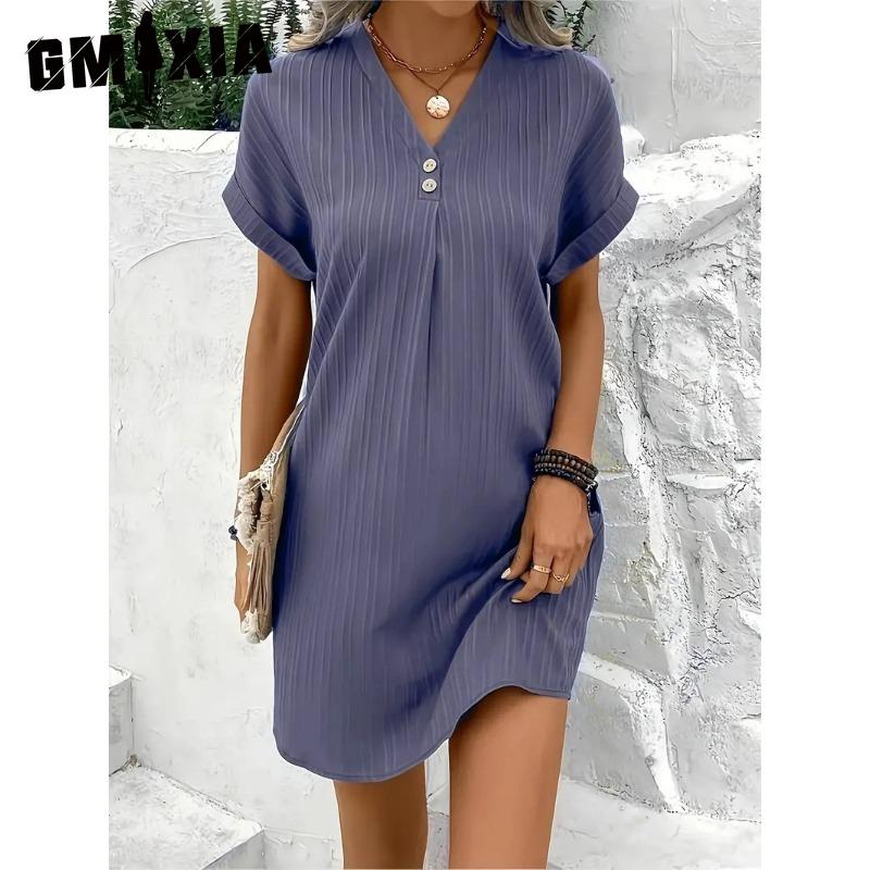 GMXIA Kvinnemote Sommer Våren Ensfarget Print Kortermet V-hals Høy midje Uformelle kjoler