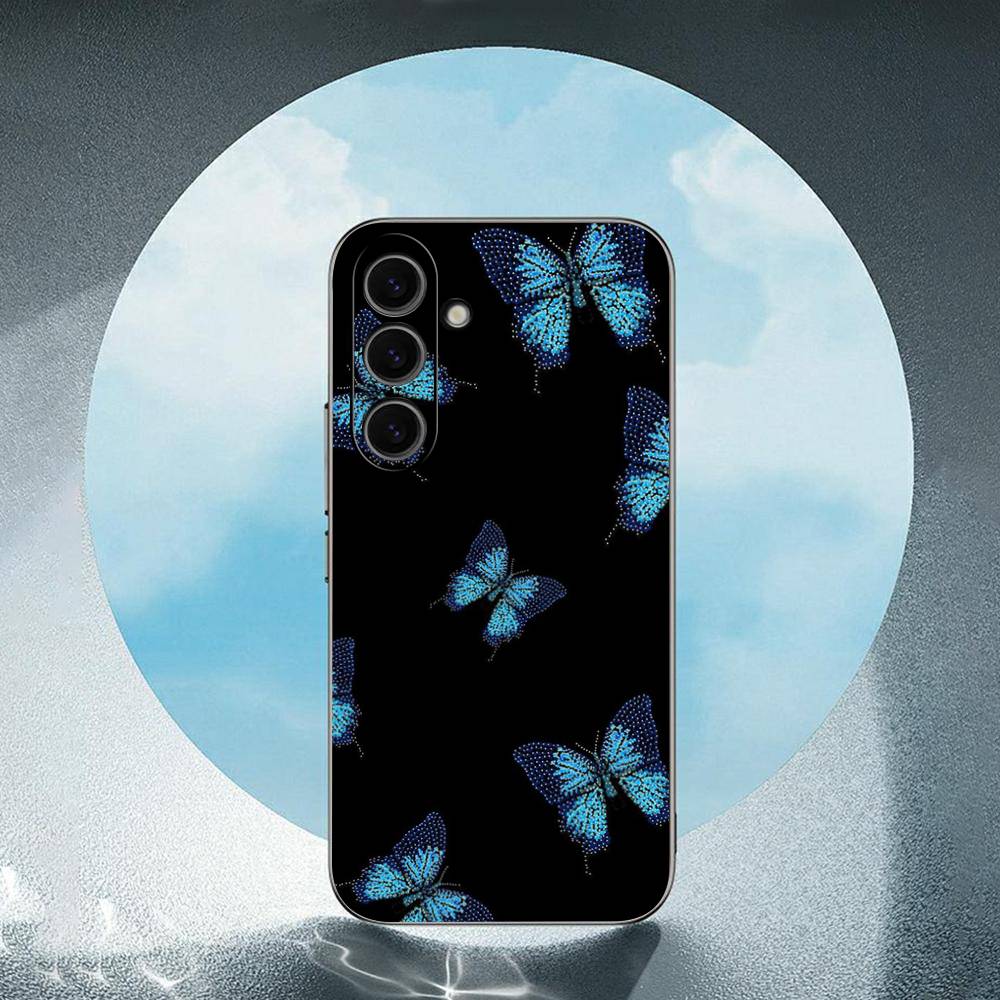 Beauty Blue Butterfly For Samsung Galaxy S25 S24 S23 Ultra S22 S21 Plus S20 Black Soft Silicone Protective Case
