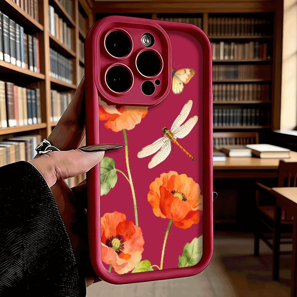 Orange Poppies Dragonfly Shockproof Soft Phone Case For Xiaomi Redmi Note 15 14 13 12 11 10 9 8 Pro Anti-Slip Anti-Fall Cover