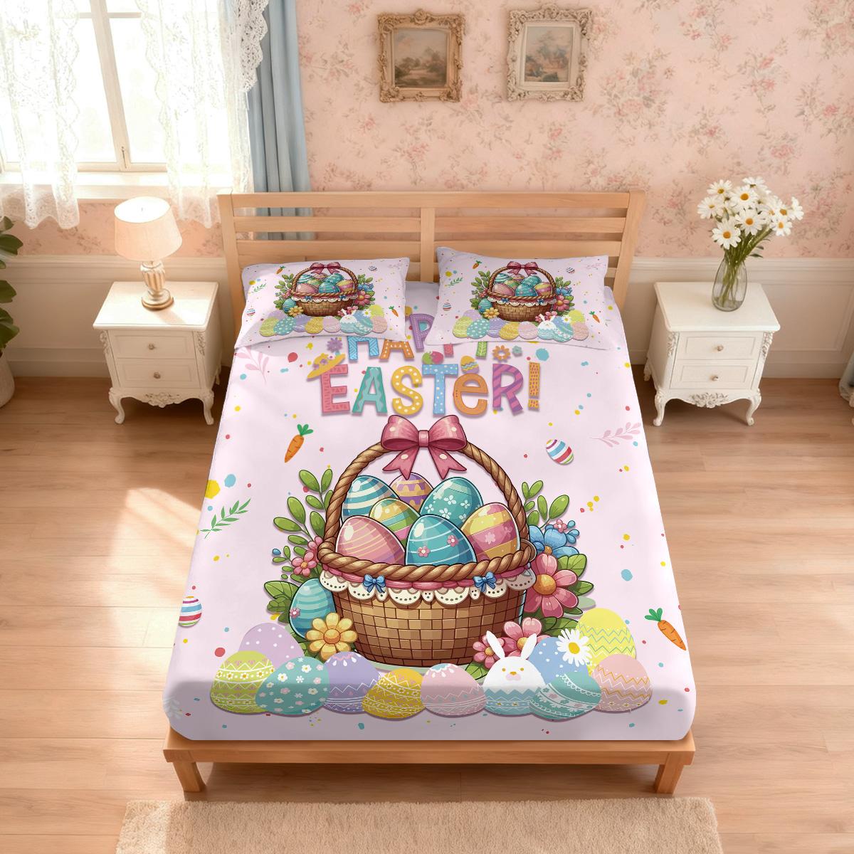 

3pcs Easter Egg Pink Printed Coreless Bedsheet Set In Multiple Sizes Comfortable Bed Covers Bedroom Bedding, Holiday Decorations 90x191