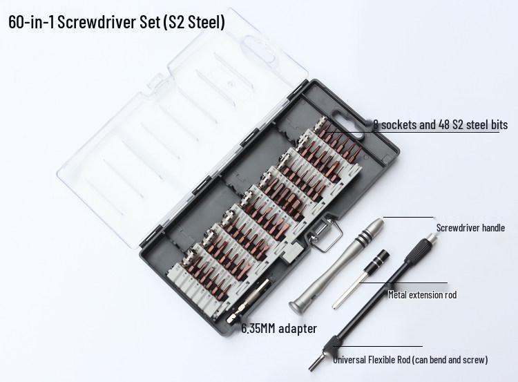 60-in-1 S2 Steel Screwdriver Set for Electronics, Glasses & Toys