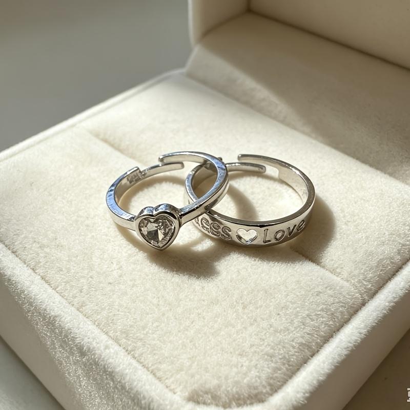 2High-quality, non-fading, adjustable heart-shaped couple's ring in classic silver with letters, perfect Valentine's Day gift for him or her