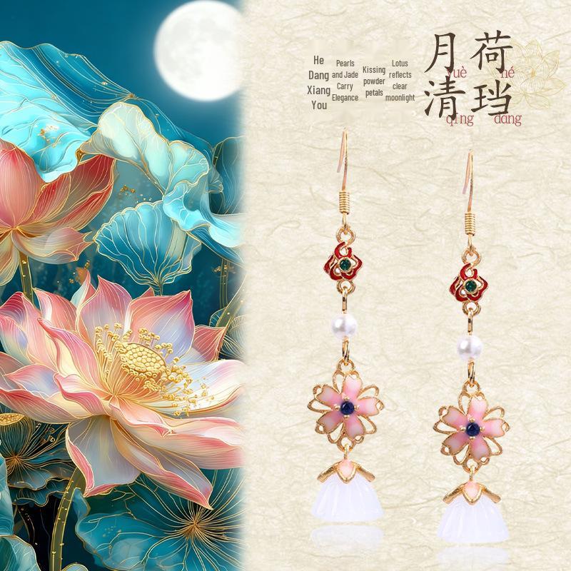 Exquisite 925 Sterling Silver Chinese-Style Lotus Earrings with Imitation Jade and Floral Design.