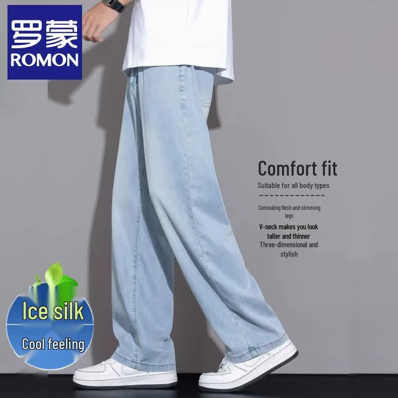 ROMON Men's Ice Silk Loose Straight-Leg Jeans