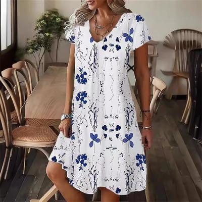 Vestido floral de verano para mujer, moda informal, bohemio, para playa, manga corta, cuello en V, sexy, estampado 3D, suelto, corte A