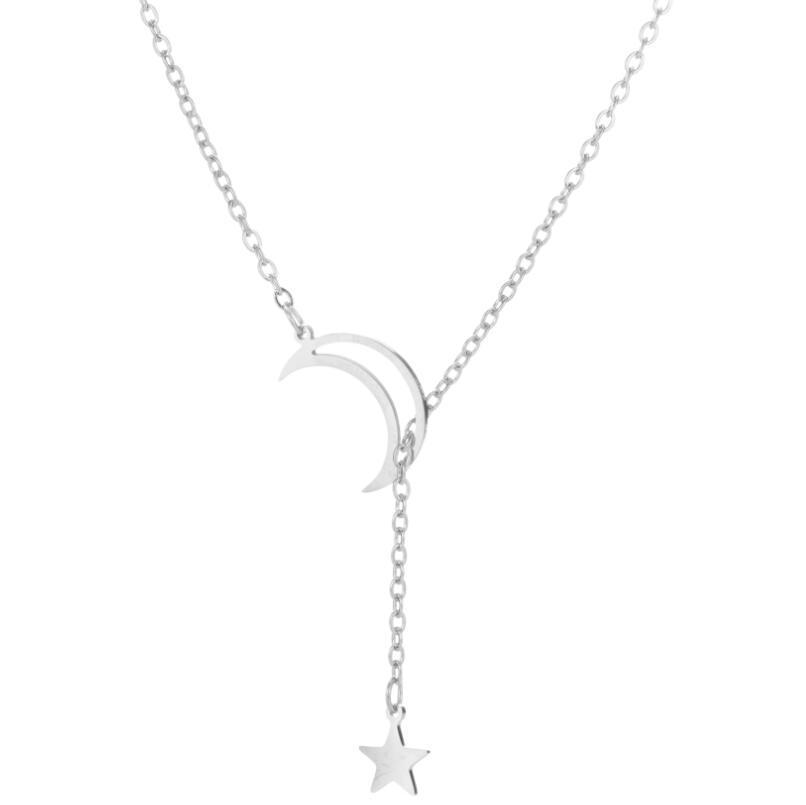 Women s Temperament Star & Moon Pendant Necklace - Stainless Steel Double Clavicle Chain