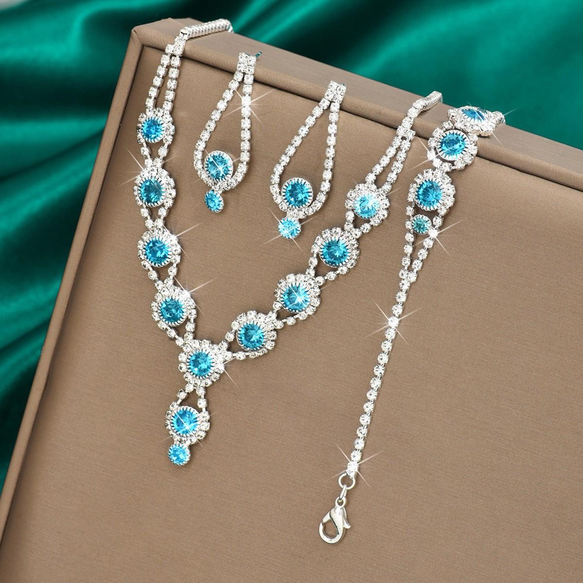 Bright Diamond-set Gemstone Bridal Wedding Accessories Stud Earrings Necklace Claw Chain Jewelry Set Necklace