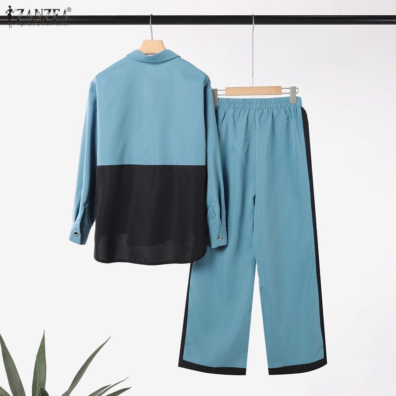 ZANZEA Damen Langarm Patchwork Bluse und Hose Lässige Zweiteilige Anzugsets