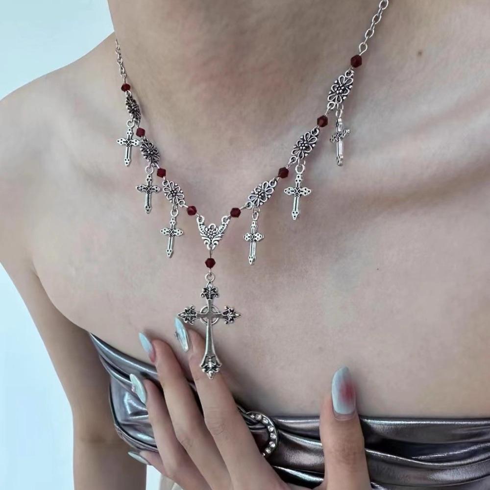 Hip-hop Personality Sliver Color Cross Tassel Pendant Red Crystal Beads Necklace for Women Punk Gothic Halloween Jewelry Gift