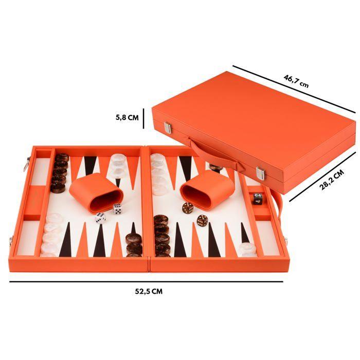 Backgammon de Luxe - ENGELHART - Prestige Kunstleder Orange & Braun - 18" Großformat - Harter Koffer - Marmorierte Figuren