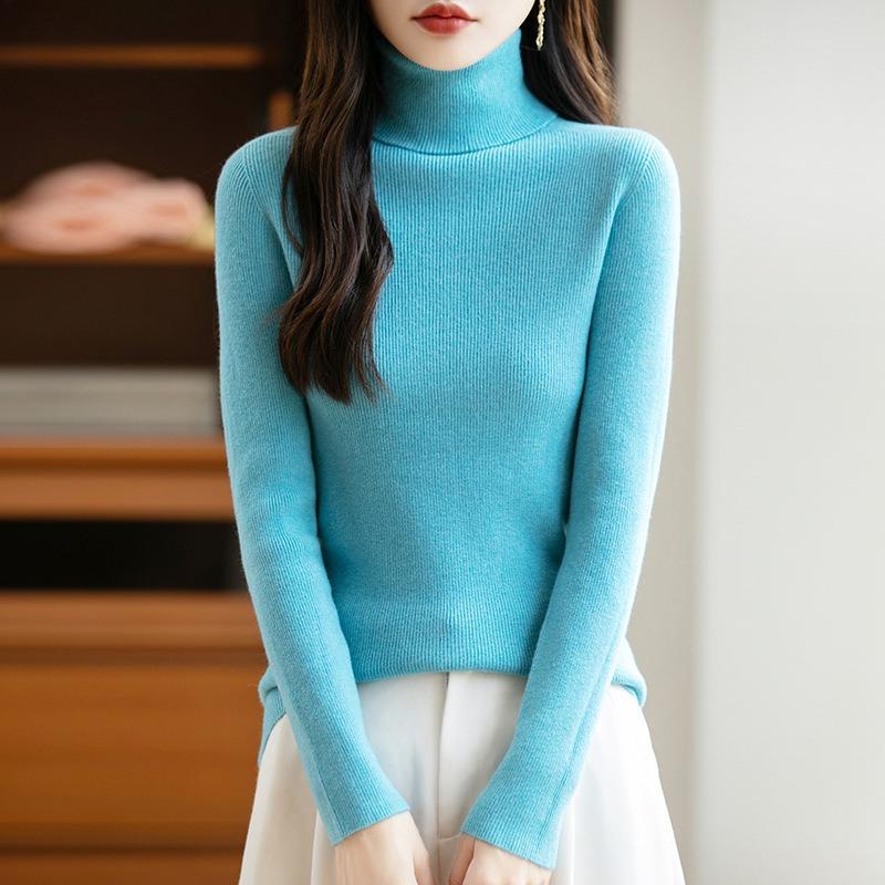 

Новый весенний стиль приталенного вязаного свитера, мягкий и высокоэластичный свитер, пуловер с высоким воротником для женщин и базовый слой XXL озеро синий