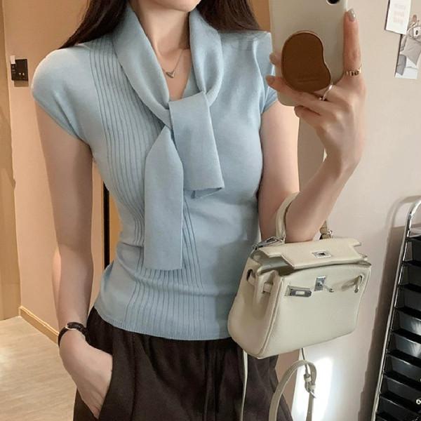 

Korean V-Neck Ribbon Sleeve Knit Top - Early Spring Fashion, Gentle & Age-Reducing Design One Size [Premium Version] синий