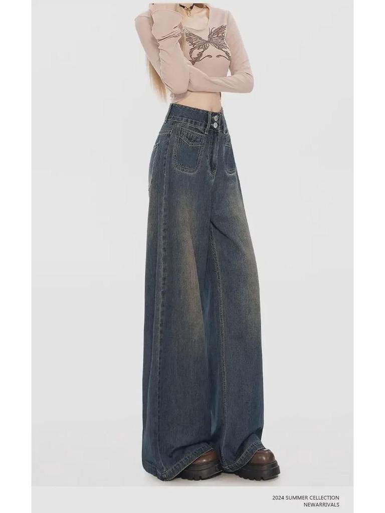 Retro Graue High-Waist Wide-Leg Jeans für Damen - Herbst 2024 Kollektion