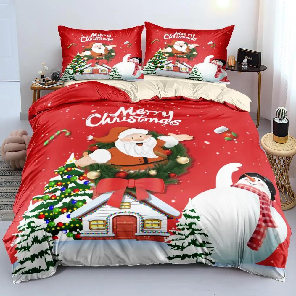 3D Christmas King Queen Duvet Cover Set Kids Cartoon Merry Christmas Red Quilt Cover 2/3pcs Polyester Beddings Set Single Double