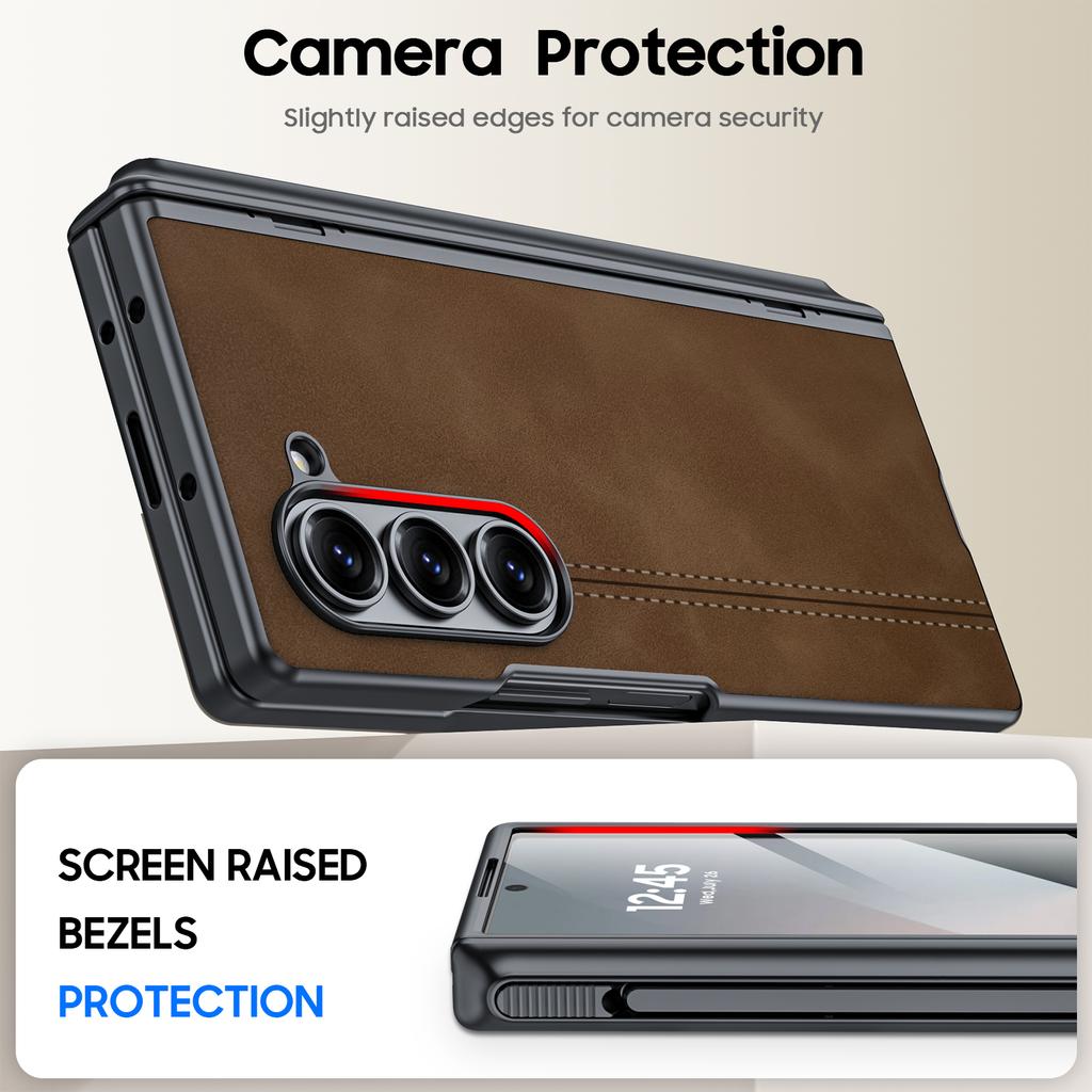 For Samsung Galaxy Z Fold 6 Phone Case With S Pen Holder, Hinge Protector and Screen Protector PU Leather Matte PC-Brown